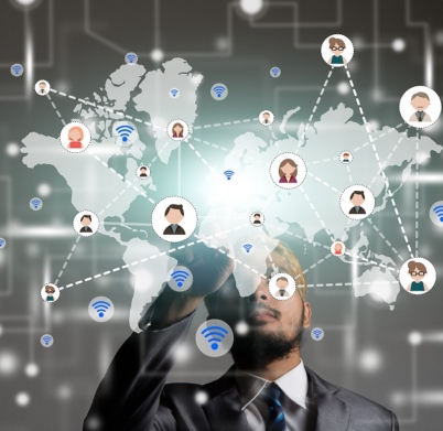Businessman touch screen with global and people icon. Digital technology concept,Social media.